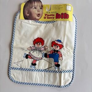 Vintage Walt Disney Raggedy Ann White Terry Cloth Bib Blue Striped Trim NWT USA